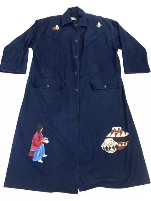 VTG Womens Denim Button Up Oversized Long Duster Hand Painted Jacket Sz L XL USA