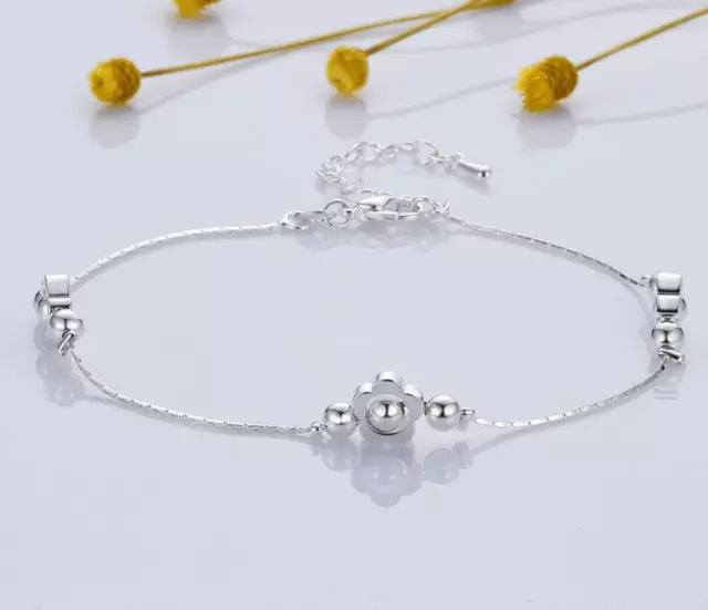 Women‘s Silver SP Lovely Flower Ball Charm Beaded Chain Foot Anklet