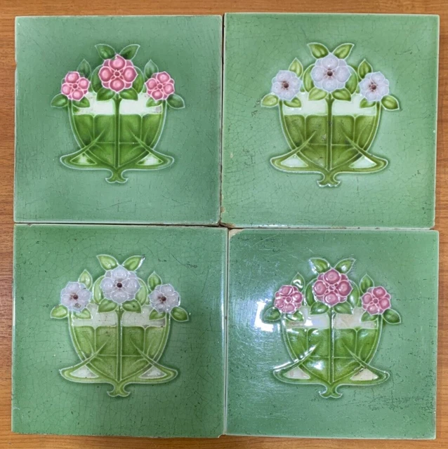 Tiles England 6x6 Inches Majolica Rare Antique Collectible Art Nouveau 4pcs