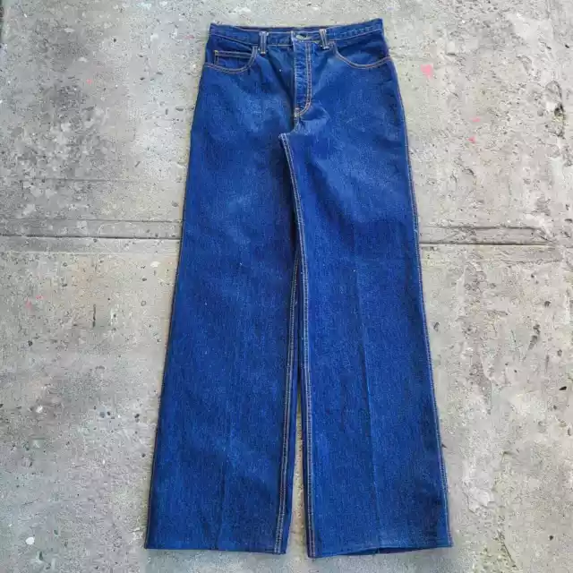 Vintage 70s Oz Jeans 31x33 Wide Leg Blue Chemin de Fer Loose Dark Leather Trim