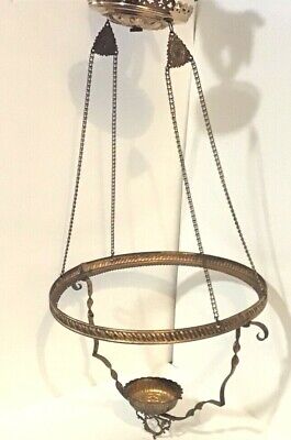 Antique Brass Hanging Oil Lamp Frame w/font holder, Canopy cover & ring crown