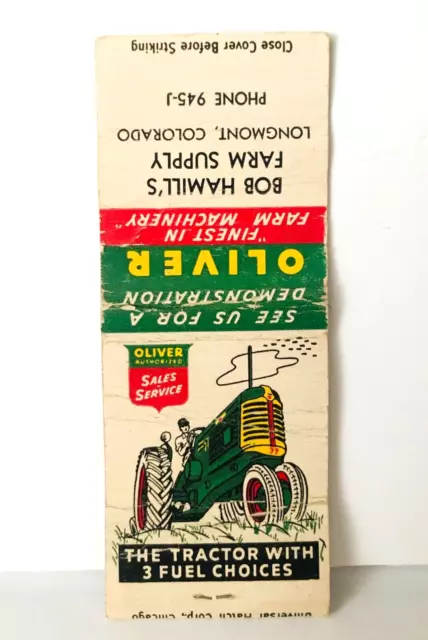 1930s-1950s OLIVER Tractor Matchbook Cover Longmont Colorado CO B. Hamill Supply