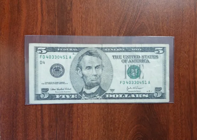 2003-A U.S. $5.00 Dollar Federal Reserve  Note #FD40330451A off center error