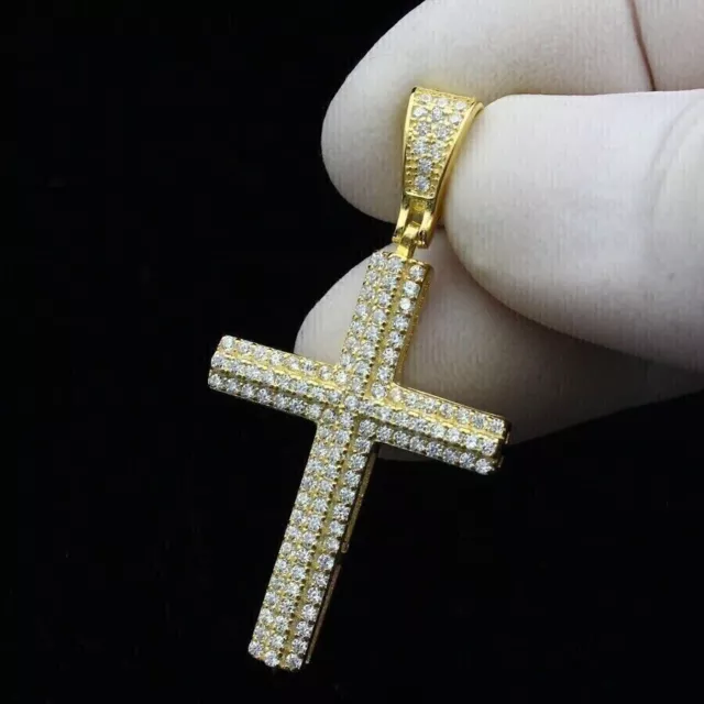 3.00Ct Round Cut Lab Created Diamond Cross Men's Pendant 14K Yellow Gold Plated