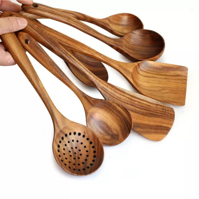 Kitchen Teak Wooden Cookware 7pcs Set Cooking Spatula Soup Slotted Spoon Large