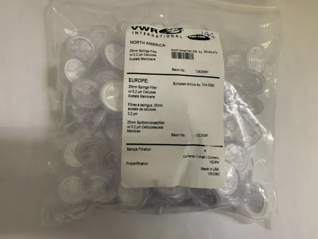 VWR syringe filter,25mm / 0.2 um cellulose acetate membrane.100/pk, PN 28145-475