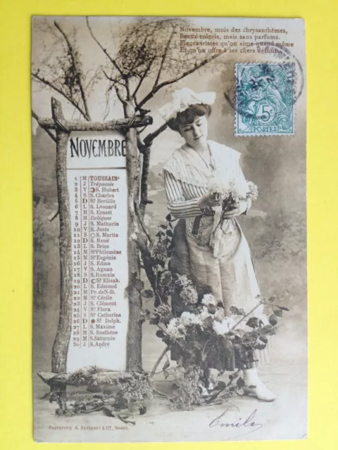 cpa 1900 BERGERET & Cie NANCY Calendrier Novembre 1905 MOIS des CHRYSANTHEMES