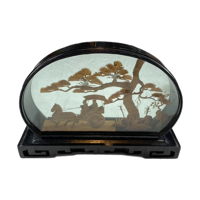 Vintage Chinese Glass Enclosed Cork Diorama Bamboo Art Framed Curved Top