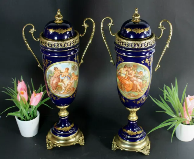 PAIR cobalt blue Limoges decor porcelain victorian scene Vases gorgeous