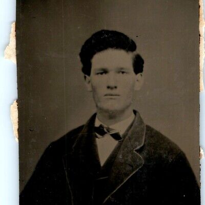 c1860s Handsome Young Man Cute Tintype Photo Plate Only Black Hair Antique H13