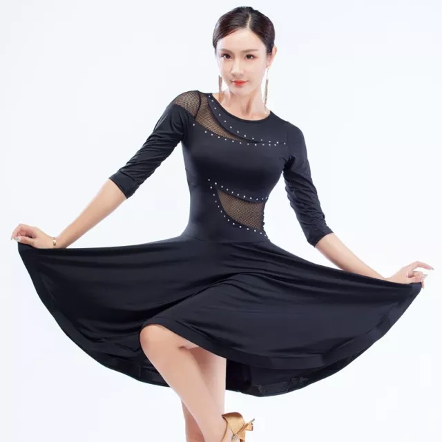 Donna Rete Latino Danza Abito Stanza da Ballo Tango per la Swing Stretch Nero