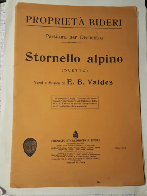 Partitura per orchestra Stornello Alpino Valdes F. Bideri 1934  E3 ^
