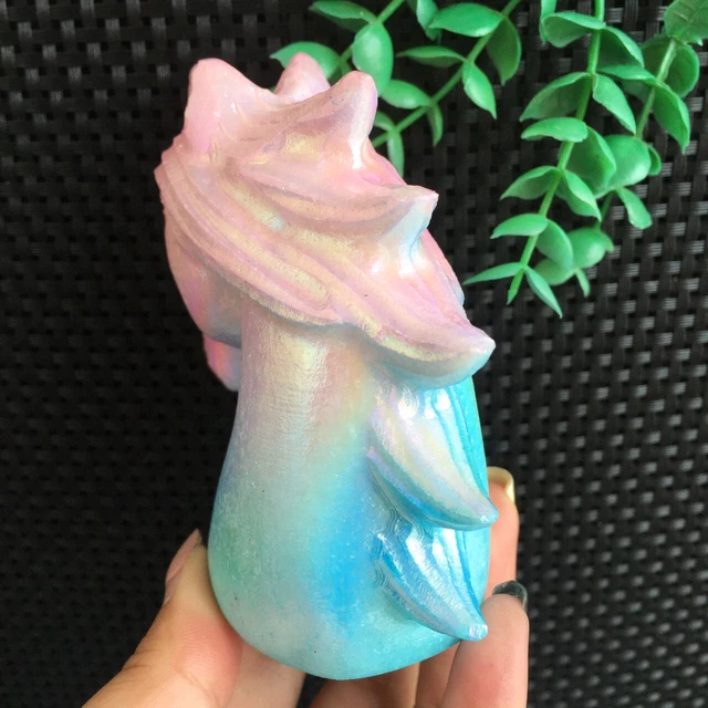 419g Titanium Pink Blue Aura White Jade Unicorn Carving Quartz Crystal Collect 4