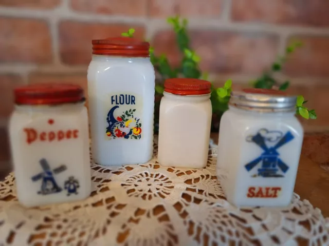 Set of 4 Vntg. Milk Glass Spice Jars with Red metal Lids, Retro Kitchen...
