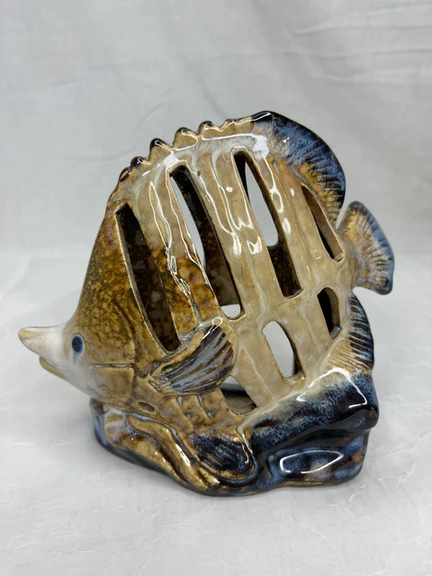 Vtg Tropical Fish Luminary Tea Light Holder Ceramic Glazed Blue Beige