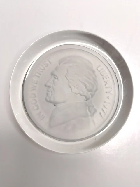Thomas Jefferson Liberty Nickel Image Clear Glass Frosted Paperweight 1977