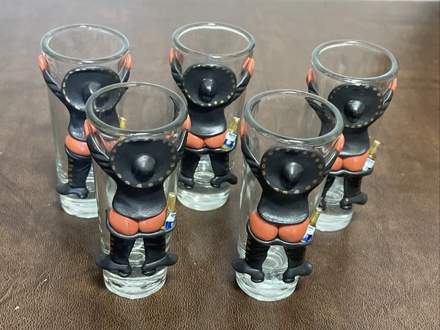 Lot Of 5 Corona Extra Beer Shot Glass 3D Man Bare Bottom Sombrero Whimsical