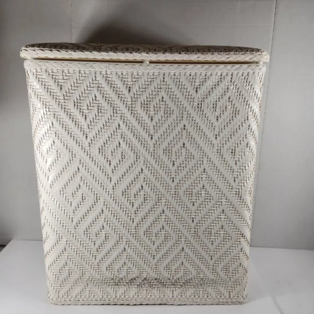 Lamont White Wicker Woven Laundry Hamper Clothes Basket Mid Century Bathroom
