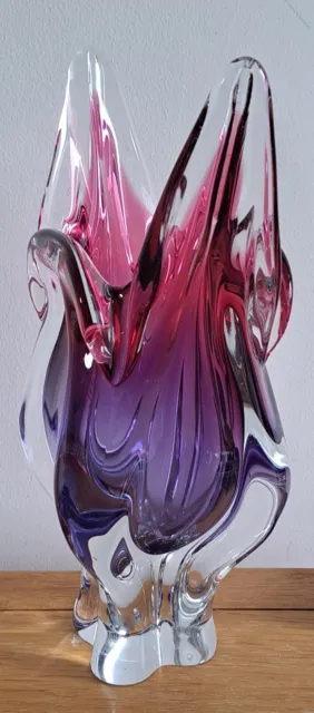 Chribska Glass Vase Cranberry & Amethyst Studio Art Glass  'Cats Head' 1960's