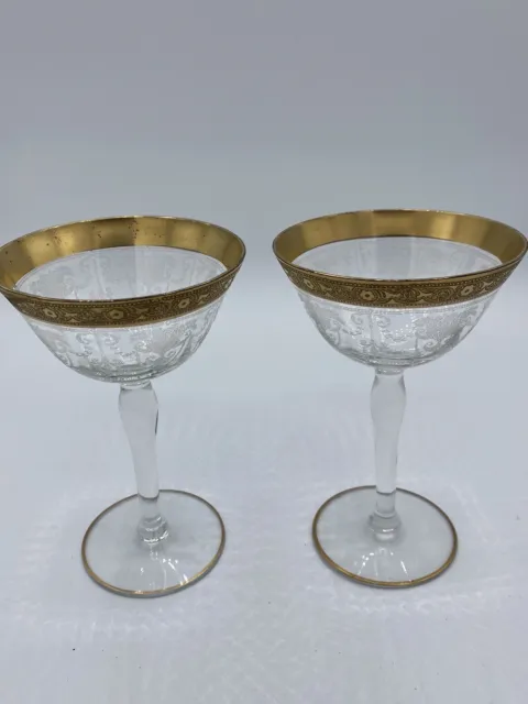 2 Moser or Minton Tiffin Champagne Sherbert Glasses Etched Crystal Gold Band