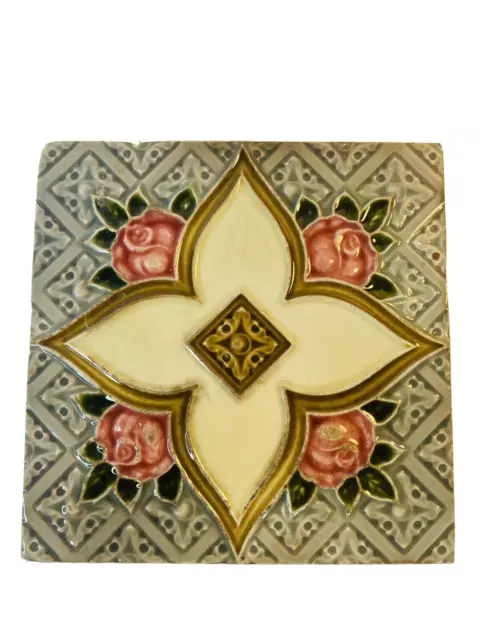 Antique Gristal Art Pottery Tile H & R Johnson  6" SQ Majolica England Rose #662