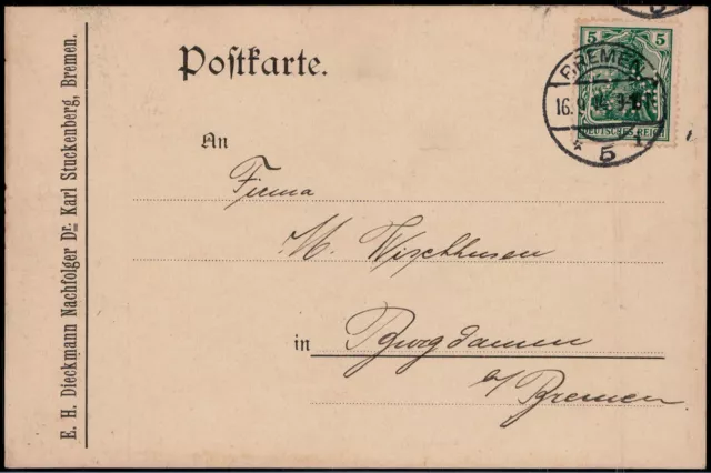 DR; 5 Pf Germania Firmenlochung, Postkarte "STUCKENBERG / BREMEN" 1914, Burgdamm
