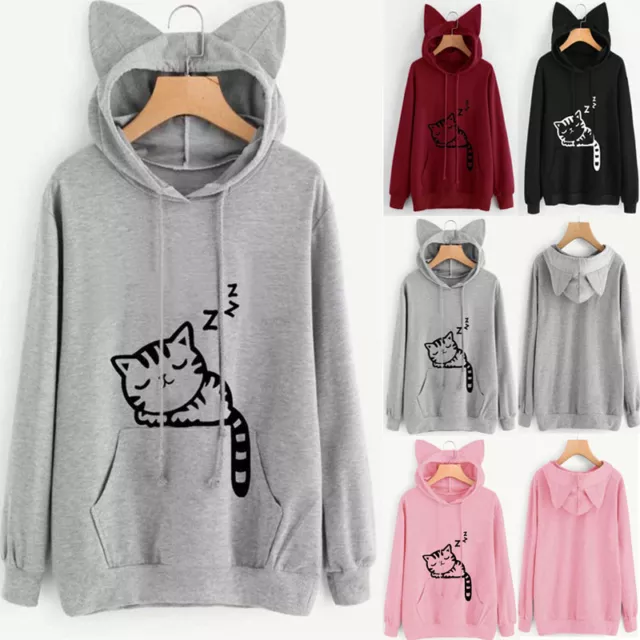 Womens Cat Ear Hoodie Sweatshirt Lady Hooded Sweater Coat Jumper Pullover TopIL