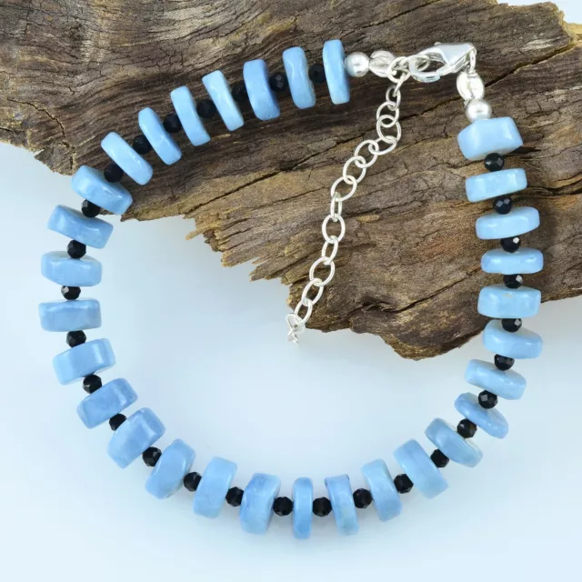 Naturale Blu Opale + Nero Spinello Perline Bracciale 925 Argento 22CM Gioielli