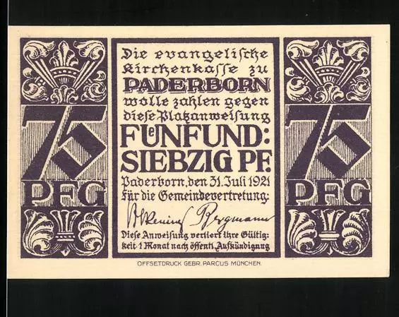 Notgeld Paderborn 1921, 75 Pfennig, Westansicht der Abdinghofkirche