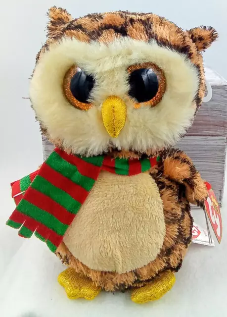 Ty Beanie Boos Wise Plush Owl Scarf Glitter Eyes Yellow Feet Brown Black 6" Tags