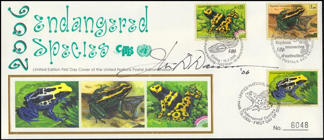 UNO Trio-Spezial-FDC Gefährdete Arten: Frösche, ESSt Genf/Wien/N.Y., Autogramm
