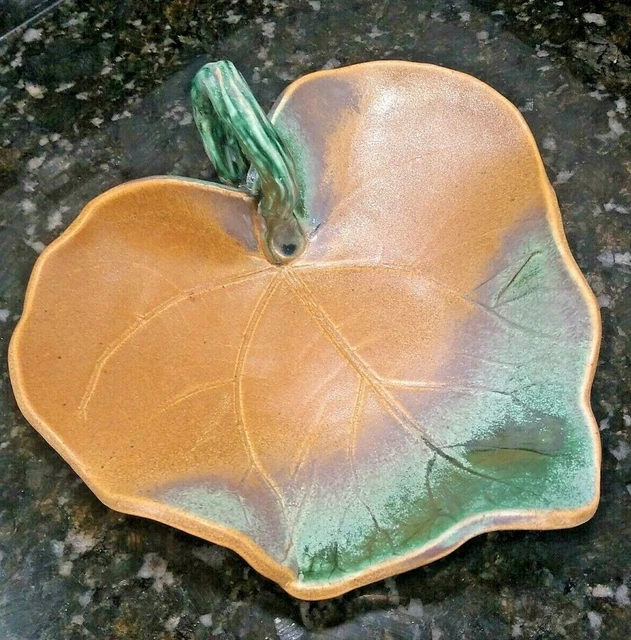Vintage Studio Art Pottery LEAF Dish Bowl Handmade Signed Branch Handle Majolica