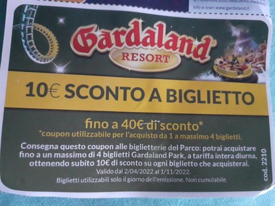 BUONO SCONTO 50% X 2 BIGLIETTI X GARDALAND FINO AL 01/11/22 UTILIZZABILE ONLINE 