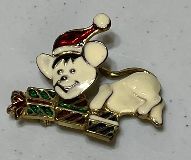 Enameled Christmas Mouse With Movable Head And Presents Women's Brooch Pin