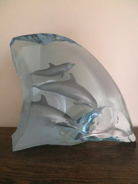 Wyland lucite sculpture Dolphin Tribe signed numbered with original shipping box Wyland lucite sculpture Dolphin Tribe signed numbered with original shipping box