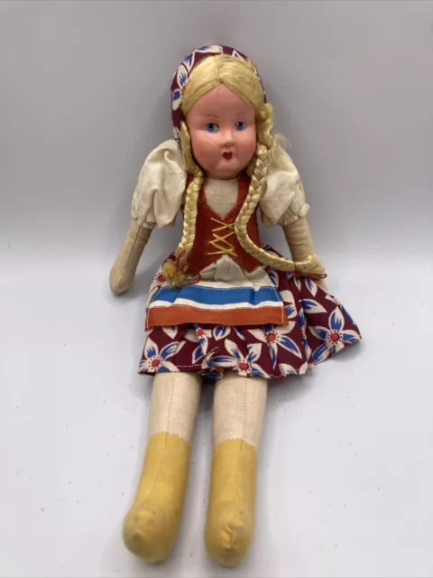 Antique Poland Rag Doll 1930’s or 1940's Painted Face 11.5” 3