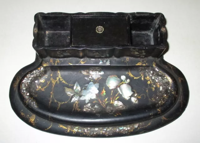 ANTIQUE 19thC VICTORIAN LACQUER MOP INLAY BLACK LACQUER DESK BOX
