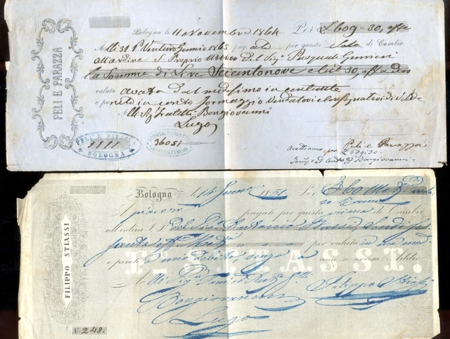 BOLOGNA-2 ANTICHI ASSEGNI PUBBLICITARI del 1851 e 1864
