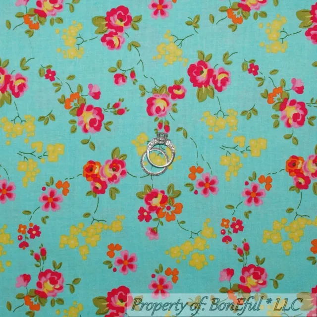 BonEful Fabric FQ Cotton Quilt Aqua Blue Yellow Pink Rose Wild Flower Girl SALE