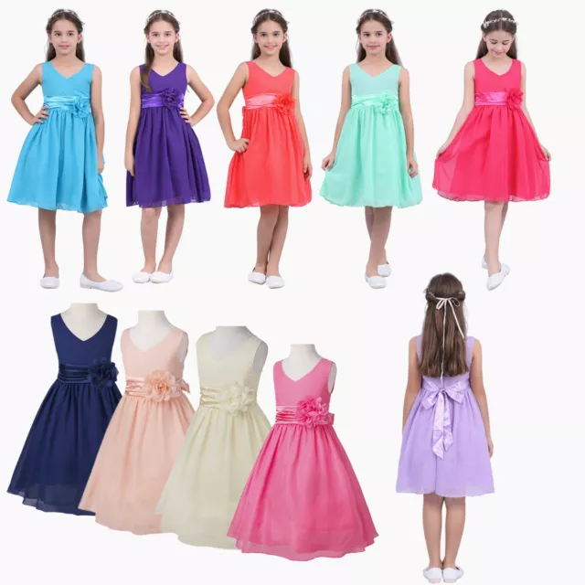 US Flower Girls Princess Dress Kid Wedding Bridesmaid Party Pageant Chiffon Gown