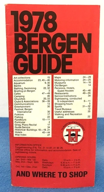 Vintage Bergen Norway Travel Brochure Guide Shop Adverts Museums Hotels 1978