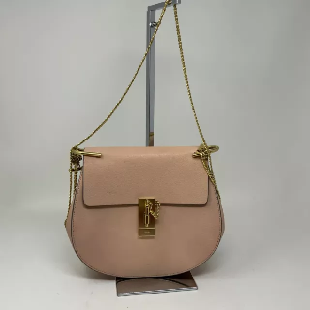 Chloe Mini Drew Genuine Leather Foldover Crossbody Saddle Purse Bag Pink Cream