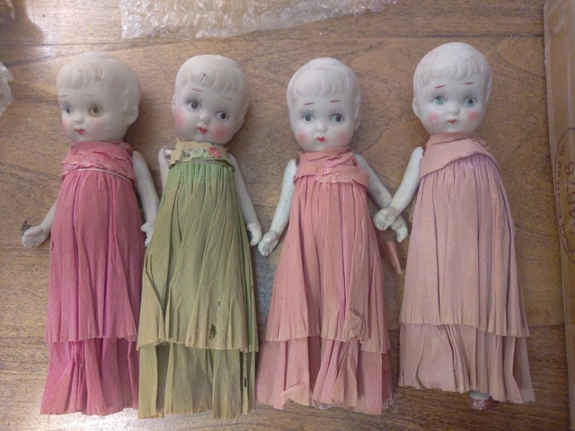 Lot Of 5 Vintage Bisque Frozen Charlotte Dolls in crepe paper Japan 1 nude