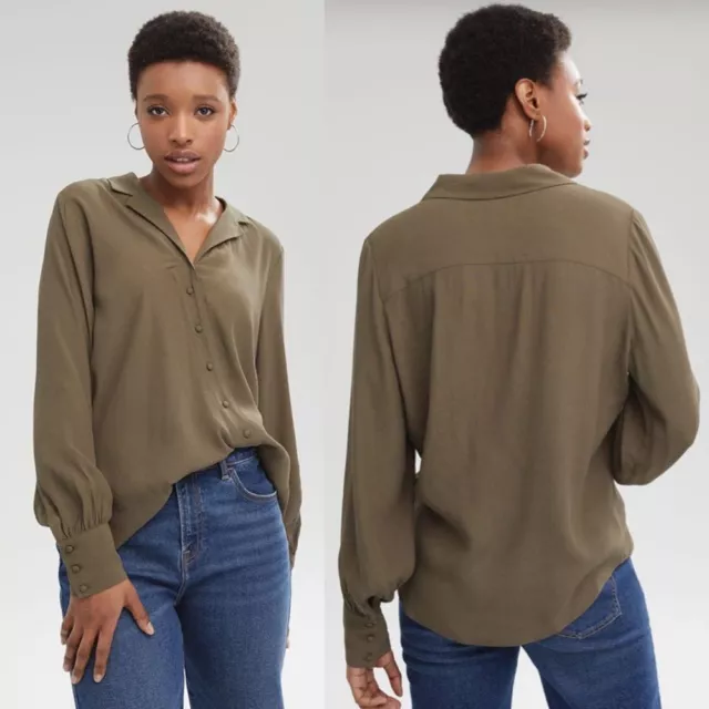 RW&Co Long Sleeve Twist Diagonal Wrap Blouse Green Size Large Olive Top Button