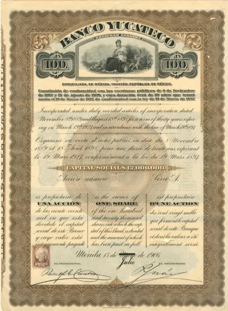 Banco Yucateco - 1906 dated Mexican Bond - Mexican Stocks & Bonds