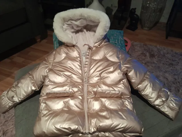 Baby Girls Gold Hooded Coat With Fur Trim And Lining Age 9-12 Months BNWT