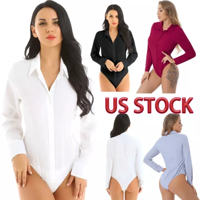 US Womens One-Piece Turn-Down Collar Button Down Easy Care Work Bodysuit Shirt