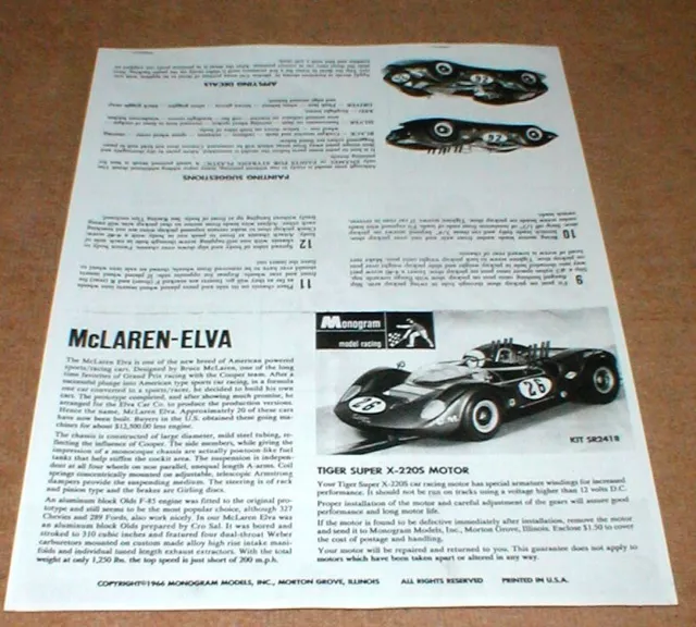 Monogram McLaren-Elva 1966 Slot Car Racing 1/24 Info Sheet PHOTO COPY ONLY