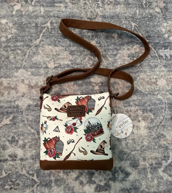 Loungefly Harry Potter Tattoo Print Passport Crossbody Bag - Faux Leather, All-Over Print, Multiple Pockets
