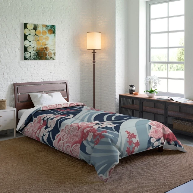 Japanese Minimalist Waves & Cherry Blossoms Pattern Comforter